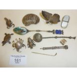 A group of Indian silver miniature animals and insects, including a scorpion, turtle, crab, beetle