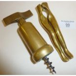 Brass corkscrew and figural ladies' legs nutcracker