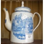 Early English pearlware teapot in blue and white with transfer decoration of figures and boats