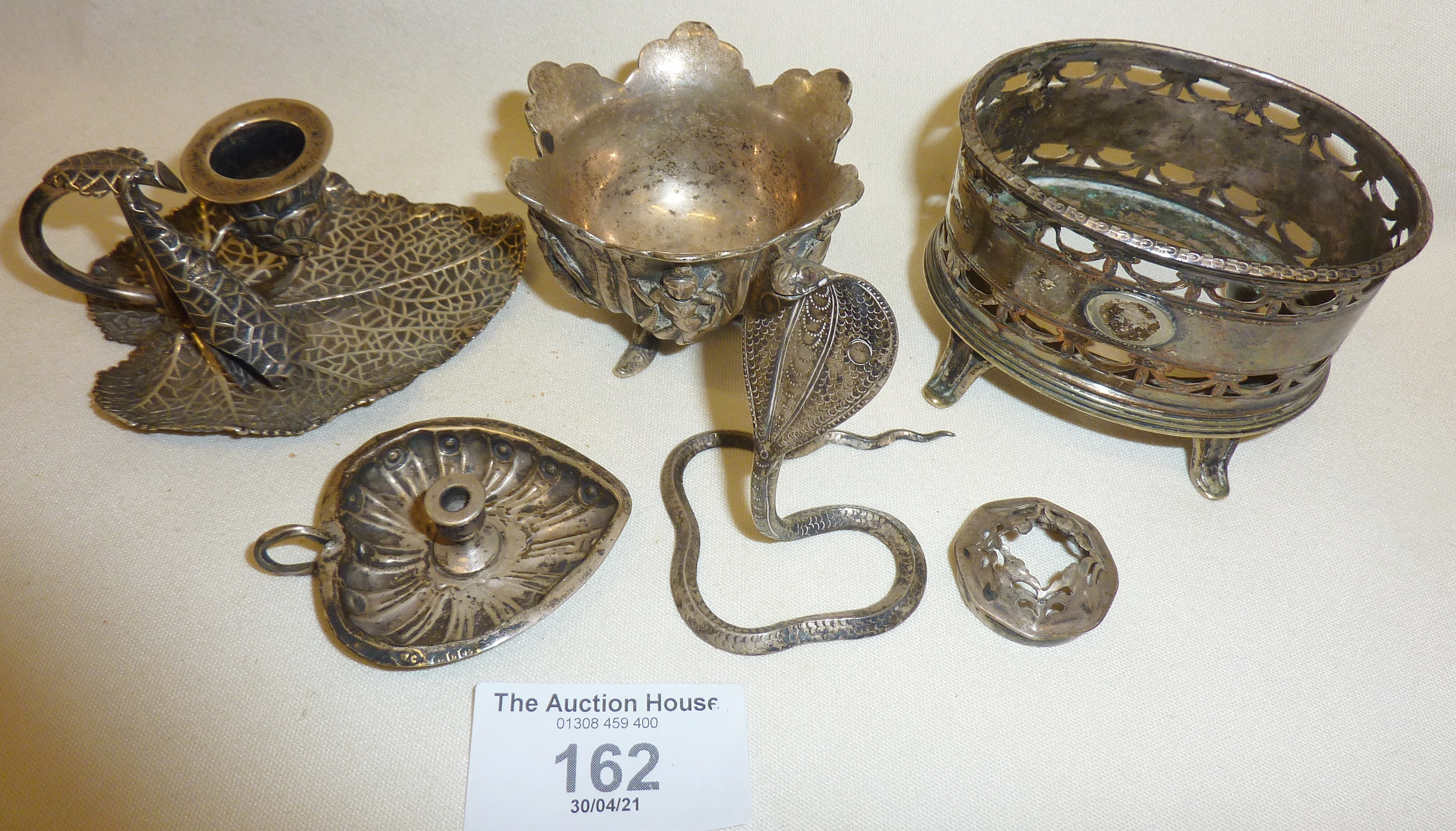 Continental silver and silver plate items, inc. Indian silver snake and a doll's house miniature