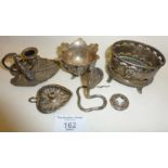 Continental silver and silver plate items, inc. Indian silver snake and a doll's house miniature