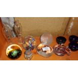 Five glass paperweights, three Bristol blue glass liners, etc.