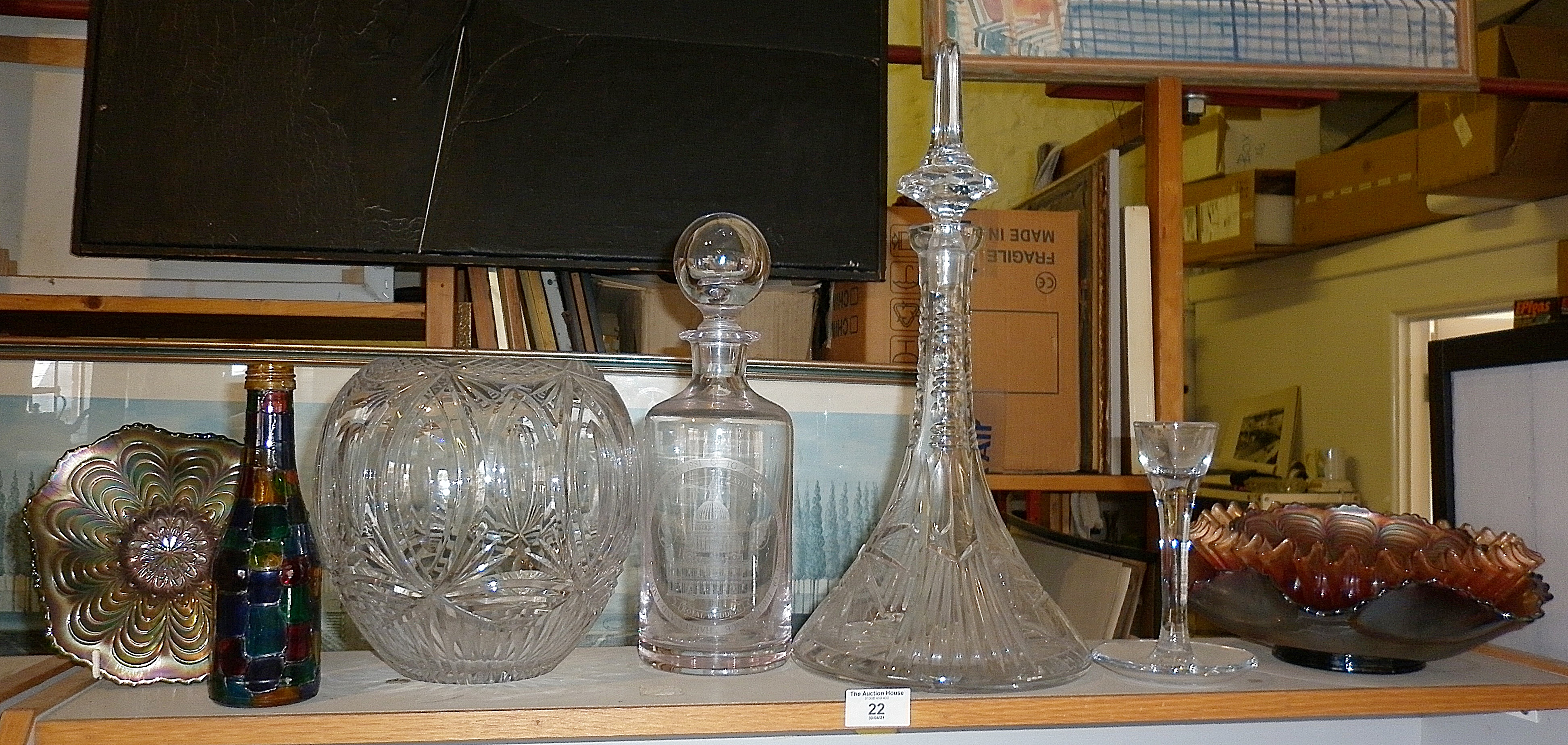 Ship's decanter, another with etched picture of St. Pauls, glass egg cup and four carnival glass