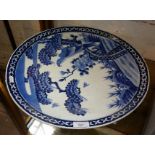 Large Japanese blue and white charger with bird and tree decoration, 46cm diameter