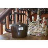 Victorian copper kettle and a Continental porcelain musicians table lamp