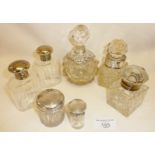 Antique silver topped cut glass scent bottles, vanity jars, and an inkwell, most hallmarked