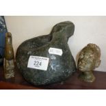 Inuit type carved serpentine granite sculpture, a small African head and a soapstone stylised bird