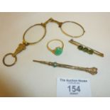 Gold filled? items, inc. lorgnettes, propelling pencil, bar brooch, and unmarked gold jade ring