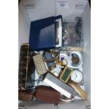 Old Jewellery box, keys, badges, inc. BOAC, wrist and pocket watch, etc.