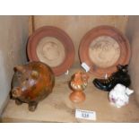 Glazed earthenware pig, terracotta bird whistle, pair of round 19th c Belvedere pottery relief