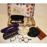Antique spectacles, folding eye glasses, leather wallet, velvet bag etc.