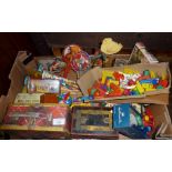 Box of assorted vintage tin plate and plastic toys, etc.