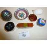 Six small pill or trinket boxes, some silver and one with amber bakelite lid, Austrian miniature