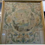18th c. needlework chair seat cover having picture of ruins with animals surrounded by a floral