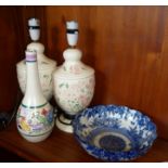 Poole Pottery lamp base, pair of ceramic lamp bases and a blue and white Japanese bowl