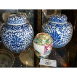 Pair of Chinese blue and white ginger jars with covers, 9cm tall, together with a Chinese Canton
