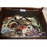 Large leather covered box containing old costume jewellery, silver bits, etc.