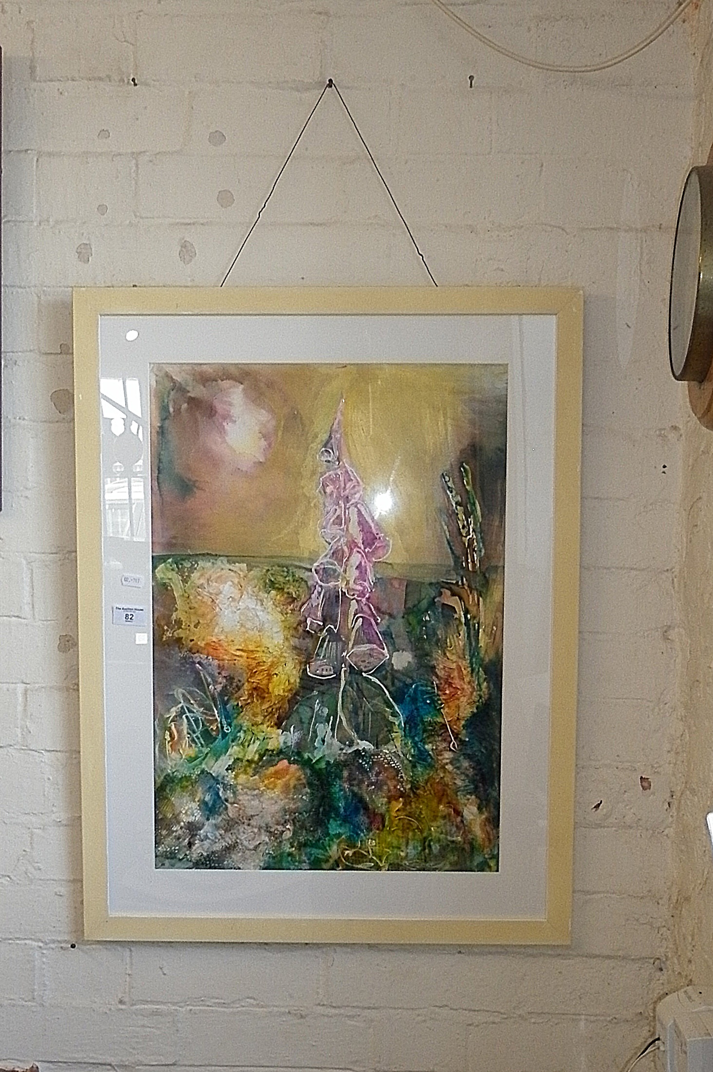 Contemporary multimedia abstract of hollyhocks in a garden, unsigned 30" x 22"