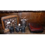 Smith's oak cased Art Deco mantle clock, Japanese lacquer box, three ebony boxes and a silver plated