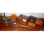 Four small wood boxes, a cartridge tin and other items