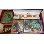 Tray of costume jewellery, 1930's glass bead necklaces, retro brooches, etc.