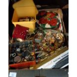 Box containing old buttons, vintage knitting and sewing items