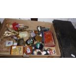 Large box of miscellaneous items, inc. compacts, bracket candlesticks, riding crop etc. and a