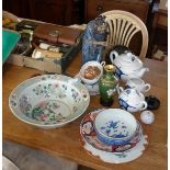 Collection of assorted Chinese and Japanese ceramics, inc. famille rose basin, Imari plate,