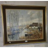 Magdeleine HUE (1882-1943) oil on canvas of a riverscape with farmhouse, signed 26" x 31"