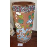 Chinese terracotta hexagonal vase with enamelled decoration of flowers and rocks, 28cm