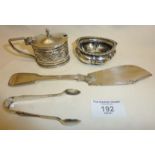 Hallmarked silver mustard pot (no liner), master butter spreader London 1857, silver salt and