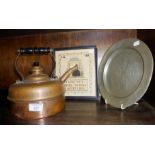 Copper kettle, 18th c. pewter plate and a 1930's sampler