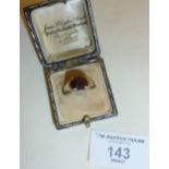 9ct gold ring set with large garnet and with antique leather covered ring box
