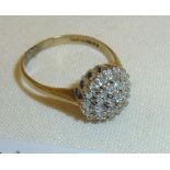 9ct gold diamond cluster ring, approx UK size J and 2g in weight