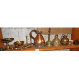 19th c. copper jug, two old brass taps, bells and other items