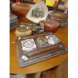 Large wooden partners desk inkstand with three inkwells, set of brushes wooden cigarette box and a