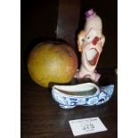 German porcelain novelty humorous clown ashtray, old Delft shoe and a pottery apple money box