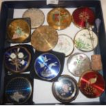 Collection of vintage powder compacts (13) and three hat pins. Makers include Stratton, Kigu and