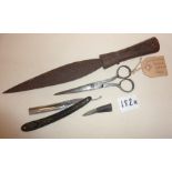 Tribal Art: large knife, Persian made scissors, Goldia cut-throat razor marked as Hyane Solingen,