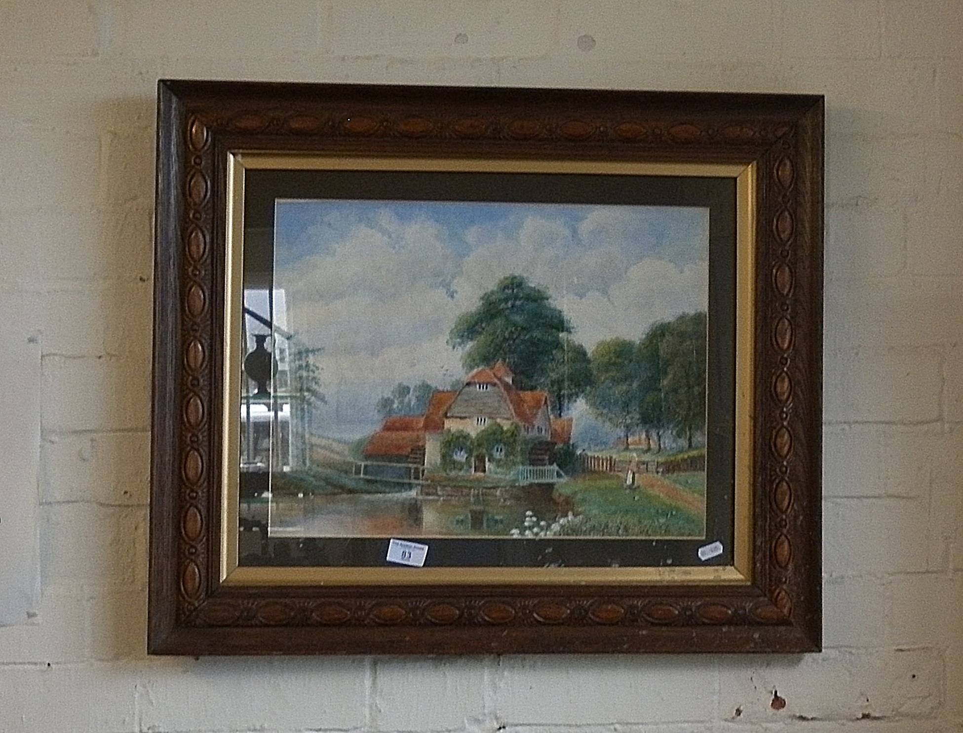 Watercolour of a farmhouse and watermill with figure by J. Martin, oak frame