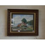 Watercolour of a farmhouse and watermill with figure by J. Martin, oak frame