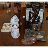 Assorted items, inc. soapstone carving, parasol, Balinese carved wood dancer, birdcage, etc.