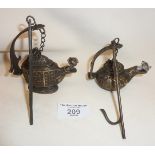 Two small brass oil lamps