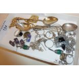 Sterling silver spoons, Masonic enamel cufflinks, 925 silver jewellery, ring, pendant, etc.