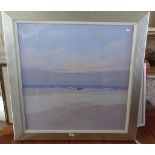 Large colour print of seashore with stranded rowing boats by ?? Hamilton, 3ft square