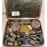 Antique sewing and embroidery lot - thimbles, inc. silver, tailors chalk holder, disc pincushion,