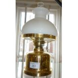 Danish brass oil lamp by E.S. Sorensen of Copenhagen, with white shade (crack to chimney)