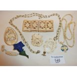 19th c. French Dieppe ivory carved pendants, other bone and similar pieces of jewellery