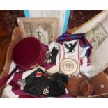 Collection of Masonic robes and regalia including hat and apron