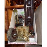 Box of miscellaneous items including inkwells, pens etc